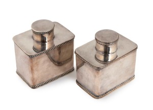 A matched pair of Sheffield plate tea caddies of rectangular boxed form with beaded trim decoration, circa 1870s. 9.5cm high