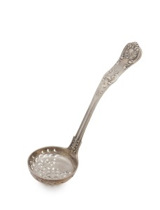 An antique English sterling silver "King's" pattern sugar sifting spoon with finely fretted floral decoration. By George William Adams of London, circa 1849, 16cm high, 64 grams.