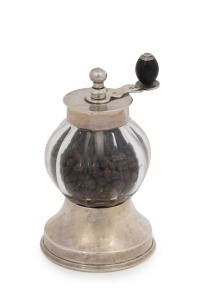 An English sterling silver mounted pepper mill with faceted glass body. Made by John Thomas Heath & John Hartshorne Middleton of London, circa 1923, 9.5cm high