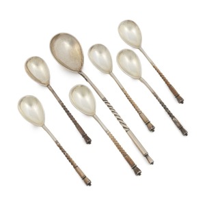 Russian silver set of six coffee spoons with spiral twist handles and octagonal finials; together with a larger similar designed sugar spoon, circa 1880, (7 items), the sugar spoon 15cm long, 86 grams total