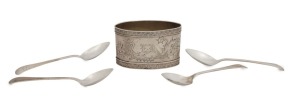 A set of four sterling silver "Old English" pattern coffee spoons, made by Levi & Salaman of Birmingham, circa 1900; together with a silver napkin ring, (5 items) the spoons 10cm long, 70 grams total