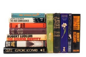 Various 20th Century novels; all hardcover and with dust jackets. Noted 'The Ginger Man' by Donleavy, 'Wild Justice' by Wilbur Smith, 'The Bourne Identity' by Ludlum, 'Advise and Consent' by Drury, 'Ten North Frederick' by O'Hara, 'The High Commissioner' by Cleary, 'The Berlin Memorandum' by Hall, and several others. (12 vols.).
