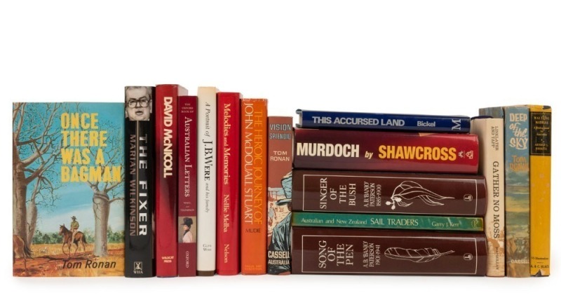 AUSTRALIA & AUSTRALIANS: A range, mainly hardcover with dust jackets, including 'Deep of the Sky' by Ronan, 'Waltzing Matilda' by Haskell, 'Murdoch' by Shawcross, 'The Fixer' by Wilkinson, 'This Accursed Land' by Bickel, and several others. (16 vols.).