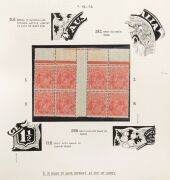 KGV Heads - Collections & Accumulations: SMALL MULTIPLE WATERMARK 1½d RED SPECIALIST COLLECTION: Collection of varieties, mostly within mint multiples, many with imprints, on album pages usually with a skillfully executed pen & ink 'magnified' illustratio - 8