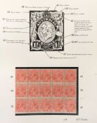 KGV Heads - Collections & Accumulations: SMALL MULTIPLE WATERMARK 1½d RED SPECIALIST COLLECTION: Collection of varieties, mostly within mint multiples, many with imprints, on album pages usually with a skillfully executed pen & ink 'magnified' illustratio - 10