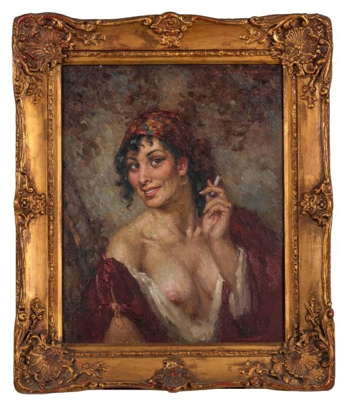 NORMAN ALFRED WILLIAM LINDSAY (1879 - 1969), Portrait of  Rita as 'Carmen', oil on composition board, signed upper right, 50 x 40cm. Provenance:  Leonard Joel, Australian, New Zealand, British and European Historical & Contemporary Paintings etc., Melbou