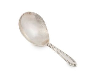 George III English sterling silver tea caddy spoon with short reeded handle. Made by John James Whiting of London, circa 1795, 