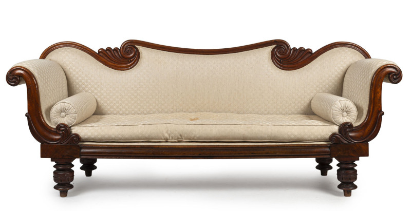 An early Australian late Regency, William IV double ended settee with carved cedar frame, Tasmanian origin, most likely Launceston, circa 1835-1840. Purchased from Toby & Juliana Hooper in 1983, 93cm high, 230cm wide, 66cm deep