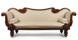 An early Australian late Regency, William IV double ended settee with carved cedar frame, Tasmanian origin, most likely Launceston, circa 1835-1840. Purchased from Toby & Juliana Hooper in 1983, 93cm high, 230cm wide, 66cm deep