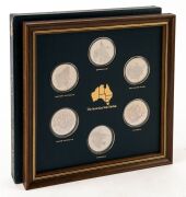 1976 'The Australian State Medals' limited edition of six sterling silver (92.5%) medallions, each weigh between 31.60gr and 32.40gr, housed in custom-made frame, with slipcase (abrased); retail $250.