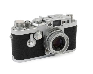 LEITZ: Leica Model IIIg Chrome DIN ASA [#969969], 1959, with Elmar f2.8 50mm lens [#1634721] with original Leica lens box. 