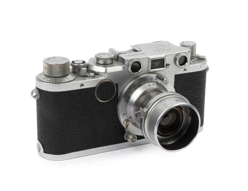 LEITZ: Leica Model IIc [#447813], 1948, with Elmar f3.5 50mm lens [#908434] and Elmar 5cm slip-on lens cap