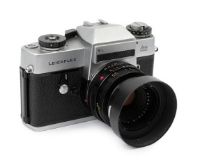 LEITZ: Leica Model Leicaflex SL Chrome [#1343368], 1973, with Summircron-R f2 50mm lens [#25227657], a Leitz 12564 lens hood and a Leitz 14160 lens ring