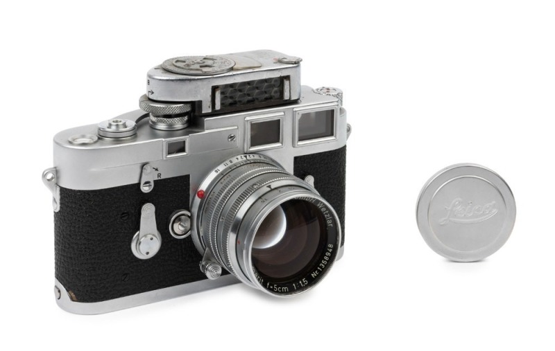 LEITZ: Leica M3 Double Stroke Advance [#830562], 1956, with Summarit f1.5 50mm lens [#1358948] and Leica meter MC [#82373]. Leica metal lens cap present.