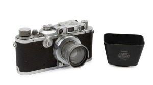 LEITZ: Leica Model IIIa Chrome D.R.P. 2nd Line [#247744], 1937, with Summar f2 50mm lens [#366354] and Summar SOOMP slip-on lens shade