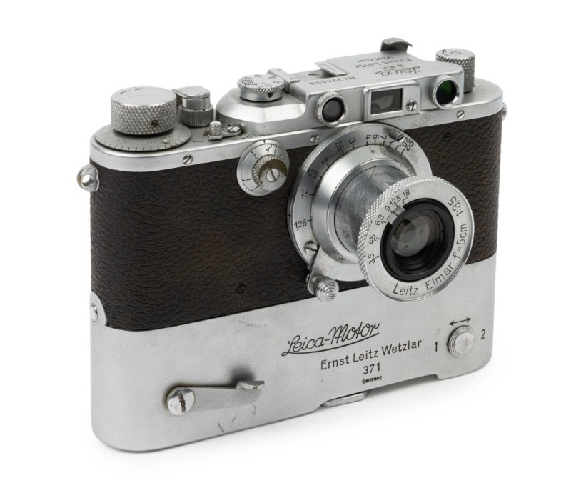 LEITZ: Leica Model IIIa Chrome D.R.P. 2 top plate [#276604],1938, with Elmar f3.5 50mm lens [#434841], fitted with Leica motor drive [Mooly #371]