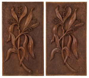 A pair of carved timber panels of wattle branches, early 20th century, 46 x 25cm each