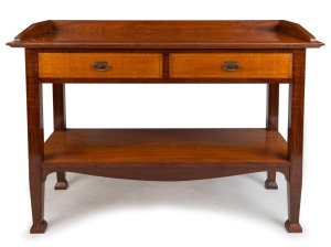 An Australian Arts & Crafts two tier servery table with two drawers, blackbean and silky oak with pine secondaries, Queensland origin, circa 1910, ​​​​​​​87cm high, 122cm wide, 55cm deep