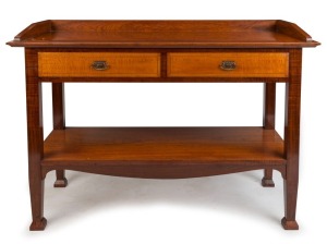 An Australian Arts & Crafts two tier servery table with two drawers, blackbean and silky oak with pine secondaries, Queensland origin, circa 1910, 87cm high, 122cm wide, 55cm deep