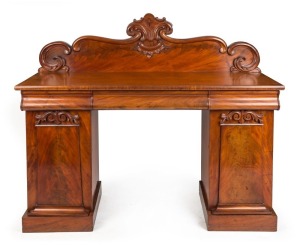 An Australian twin pedestal cedar sideboard with fine flame cedar panel work and cross banding, by E. LECONTE, 19th century, ​​​​​​​134cm high, 154cm wide, 54cm deep