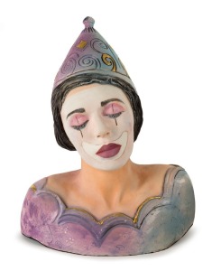 SANDY CALDOW (b.1961), Sad female Clown, ​​​​​​​terracotta with glaze, paint and gilt highlights, signed and dated 2004 (behind right shoulder), 39cm 