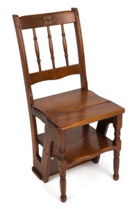 An antique metamorphic fold-over library steps chair, Queensland maple and eucalypt with parquetry motif, late 19th century, maker's label to underside, 86cm high