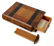 H.A. NIELSEN antique Australian book box, Queensland timbers, circa 1920, stamped&nbsp;"H.A. NIELSEN, Pt. DOUGLAS, N.Q. AUSTRALIA", together with a brochure with pencil inscription detailing the various timbers, ​​​​​​​22cm high - 2