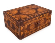 RICHARD DOWLING, stunning dressing-case box, blackwood, huon pine, cedar, myrtle, celery pine and exotic timbers, interior fitted compartment lined in original blue velvet.&nbsp; Bearing an intriguing pencil inscription under the drawer "JOHN MARTIN MAKER, HAM