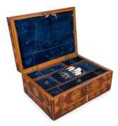 RICHARD DOWLING, stunning dressing-case box, blackwood, huon pine, cedar, myrtle, celery pine and exotic timbers, interior fitted compartment lined in original blue velvet.&nbsp; Bearing an intriguing pencil inscription under the drawer "JOHN MARTIN MAKER, HAM - 2
