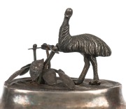 HENRY YOUNG (Melbourne) fine Australian silver emu egg casket, adorned with scene of Aboriginal hunter, kangaroo, emu and foliage, 19th century, stamped "H. Young STG SILVER", 29cm high overall - 2