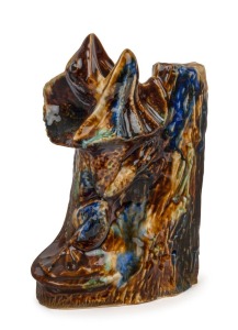 HUNTLY POTTERY frill neck lizard statue with mottled glaze, stamped "Huntly Pottery", 27cm high