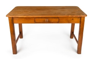 A Colonial Australian kitchen scullery table with single drawer, birdseye huon pine slab top, Tasmanian origin, mid 19th century. Rare. ​​​​​​​76cm high, 137cm wide, 74cm deep