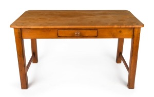 A Colonial Australian kitchen scullery table with single drawer, birdseye huon pine slab top, Tasmanian origin, mid 19th century. Rare. 76cm high, 137cm wide, 74cm deep