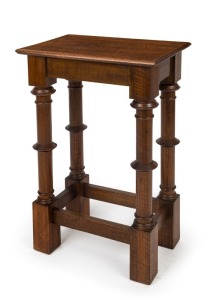 HARRY GOLDMAN fiddleback eucalypt occasional table with finely turned columns, circa 1920, 76cm high, 45cm wide, 30cm deep
