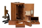 MICROSCOPE: Leitz Wetzlar&nbsp;29cm high lacquered brass and steel microscope [#47558], 1898, barrel&nbsp;engraved "Made for Kilpatrick & Co, Melbourne". In original numbered lockable timber case with original key, additional oculars and objectives.