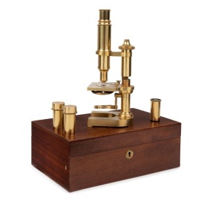 MICROSCOPE: Leitz Wetzlar replica of the first (March, 1899) microscope; 26.5cm high. Limited edition 39/100, circa 1978, with original timber case and accessories