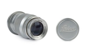 LEITZ: Elmar 90mm f4, four element, all chrome lens [#675642] (scale in metres), with front and rear metal caps