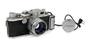 Canon Model IIS rangefinder camera, 1954-55 [#113277; model identified on loading diagram] with Canon f1.8 50mm lens [#105802] and self-extension adaptor; metal lens cap also present.