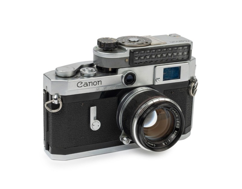 Canon VI-L rangefinder camera, 1960 [#605796] with Canon 50mm f1.8 lens [#205161] and Canon Exposure Meter [#4542]. Former owner's name neatly engraved to front of top plate.