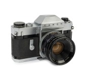 Canon Canonflex&nbsp;RP fixed prism SLR camera, 1960 [#101173], with Super-Canomatic R 50mm f1.8 lens [#31849] and metal lens cap.