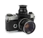 Canon Canonflex SLR camera, 1959 [#21133] with Super-Canomatic&nbsp;R 50mm f1.8 lens [#21651], additionally with a Canon Right-Angle view finder attachment.