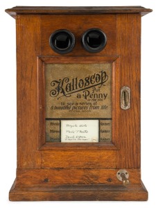 KALLOSCOP "Put A Penny In The Slot" coin operated table top revolving stereo viewer, late 1890s; 49cm high.