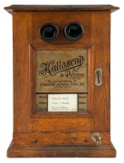 KALLOSCOP "Put A Penny In The Slot" coin operated table top revolving stereo viewer, late 1890s; 49cm high.