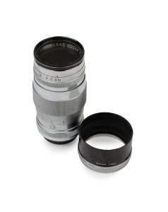 Canon screwmount: 135mm f3.5 lens (all chrome) [#63624] with Canon lenshood and UV filter. (3 items).