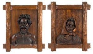 ROBERT PRENZEL pair of carved portrait panels of an Aboriginal man and woman in a headscarf, superbly carved and mounted in Prenzel's signature carved timber frames, signed "Prenzel, 1919" and "Prenzel, 1920", the larger 75 x 65cm overall