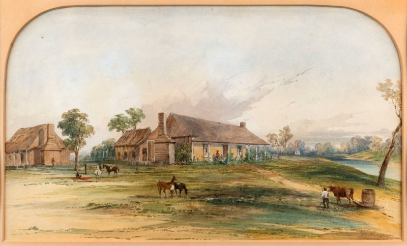 CONRAD MARTENS (1801-1878), (attributed), Colonial homestead, circa 1860s, watercolour with Chinese white highlights, depicting a colonial house with storehouses at the rear, animals and people in the foreground.  22 x 37.5cm, 53 x 66cm overall. 1/ Compar