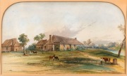 CONRAD MARTENS (1801-1878), (attributed), Colonial homestead, circa 1860s, watercolour with Chinese white highlights, depicting a colonial house with storehouses at the rear, animals and people in the foreground.  22 x 37.5cm, 53 x 66cm overall. 1/ Compar