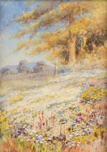 ELLIS ROWAN (1848-1922), (hillside landscape), watercolour, signed lower left "Ellis Rowan", possibly a view of Ellis Rowans Mount Macedon property, 16 x 12cm, 30 x 22cm overall. Compare: "Australian Watercolours 1802-1926, In the collection of the Nation