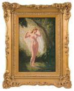 NORMAN ALFRED WILLIAM LINDSAY (1879-1969), female nude holding a silk scarf  in a landscape), oil on canvas laid on board, signed lower right, 20 x 30cm, original gilt frame 46 x 36cm overall, 1/ Compare: Davidson Auctioneers Sydney NSW 29th November 2020