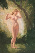 NORMAN ALFRED WILLIAM LINDSAY (1879-1969), female nude holding a silk scarf  in a landscape), oil on canvas laid on board, signed lower right, 20 x 30cm, original gilt frame 46 x 36cm overall, 1/ Compare: Davidson Auctioneers Sydney NSW 29th November 2020 - 2